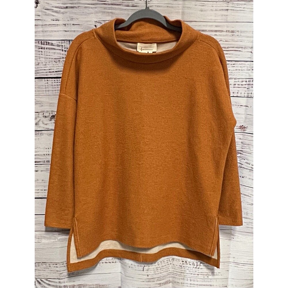 Anthropologie Mock Neck Tunic Sweater Rust Orange High Low Slit Knit Top XS